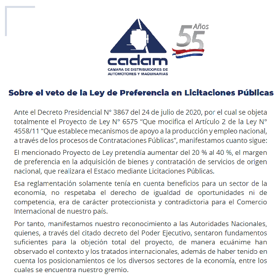 Cadam apoya veto de la Ley de Preferencia en Licitaciones Públicas